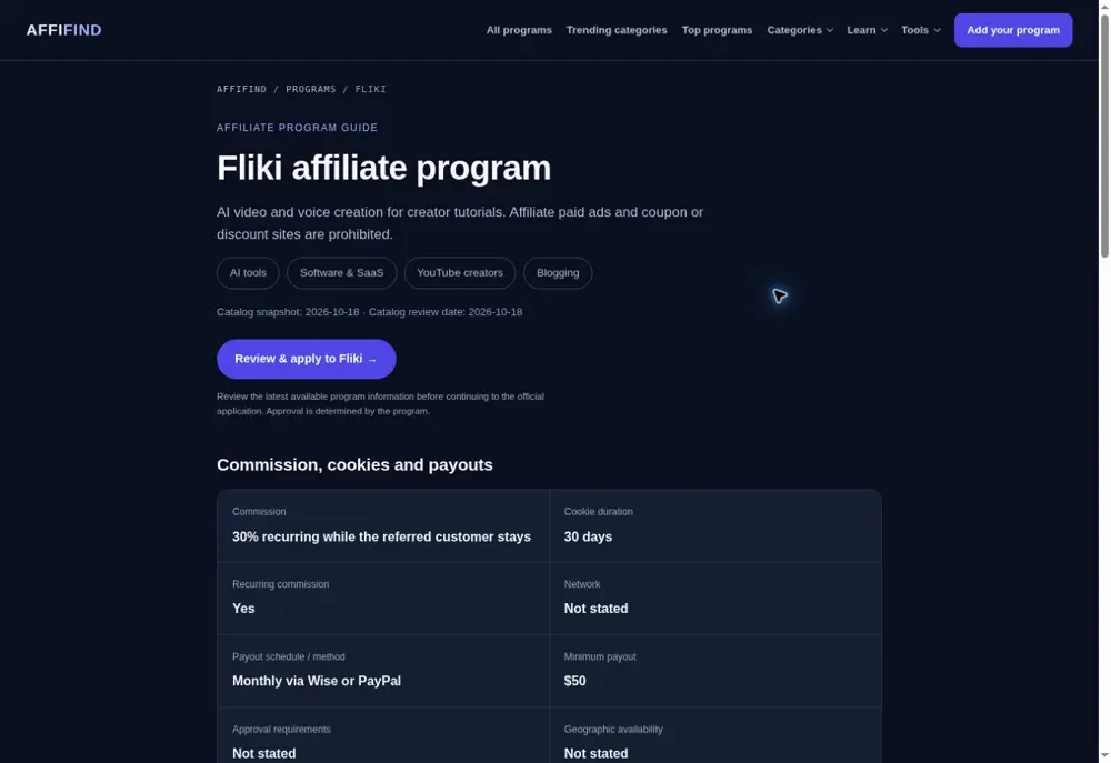 Fliki profile in AffiFind showing the application button and recorded commission, cookie and payout terms