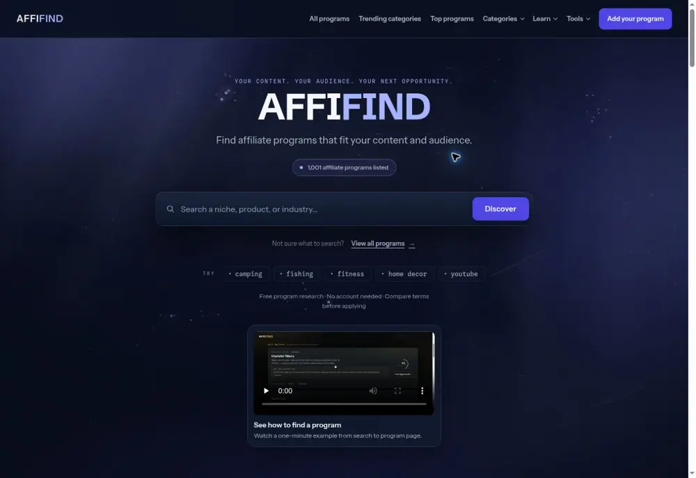 AffiFind homepage with a niche search field, Discover button, and View all programs link
